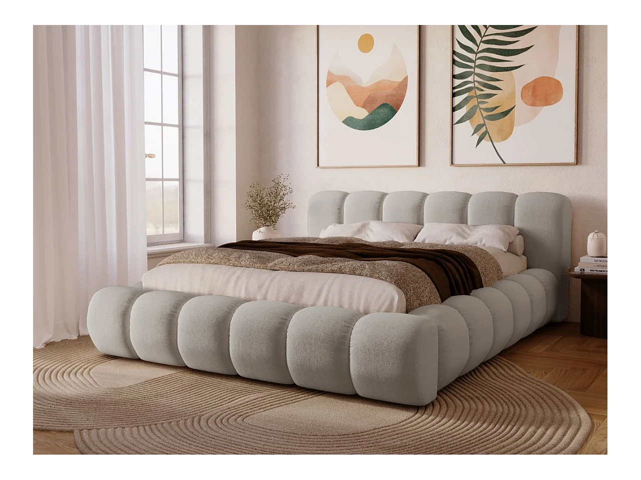 Lit rembourré avec rangement - 140 x 200 - lit double - velours - gris clair - Doria