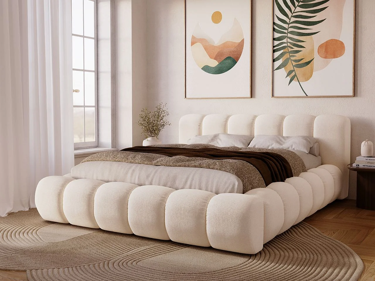 Gestoffeerd bed Doria 140x200 crème - opbergruimte voor beddengoed, houten lattenbodem, doorgestikt hoofdbord en bedframe