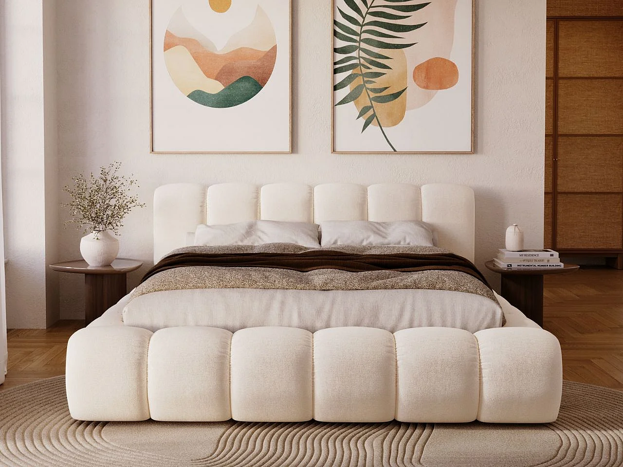 Gestoffeerd bed Doria 140x200 crème - opbergruimte voor beddengoed, houten lattenbodem, doorgestikt hoofdbord en bedframe