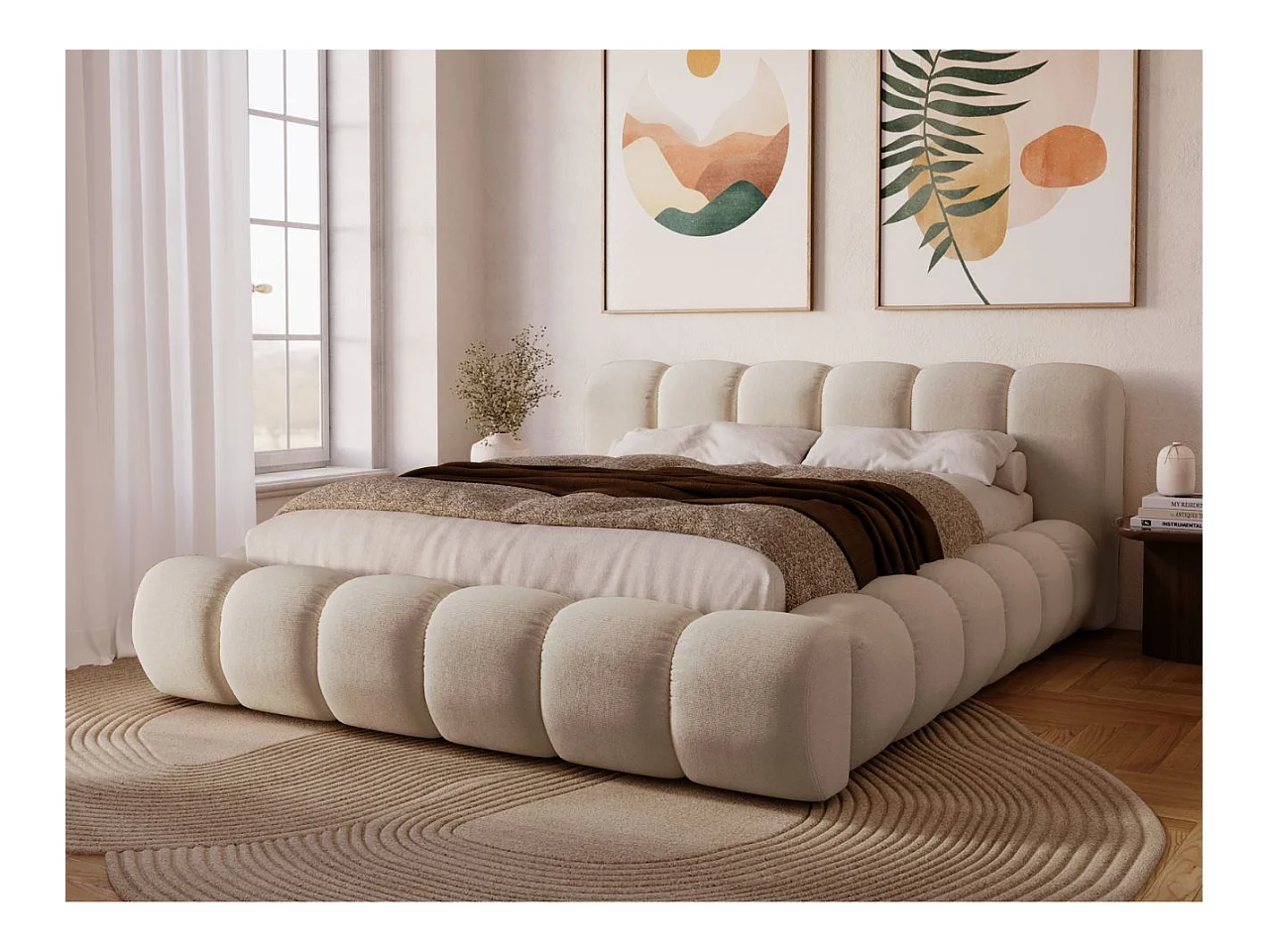 Lit rembourré avec rangement - 120 x 200 - lit double - velours - beige - Doria