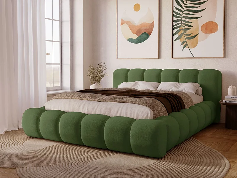 Lit rembourré avec rangement - 120 x 200 - lit double - velours - vert - Doria