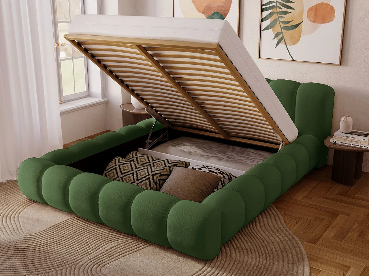 Lit rembourré avec rangement - 120 x 200 - lit double - velours - vert - Doria