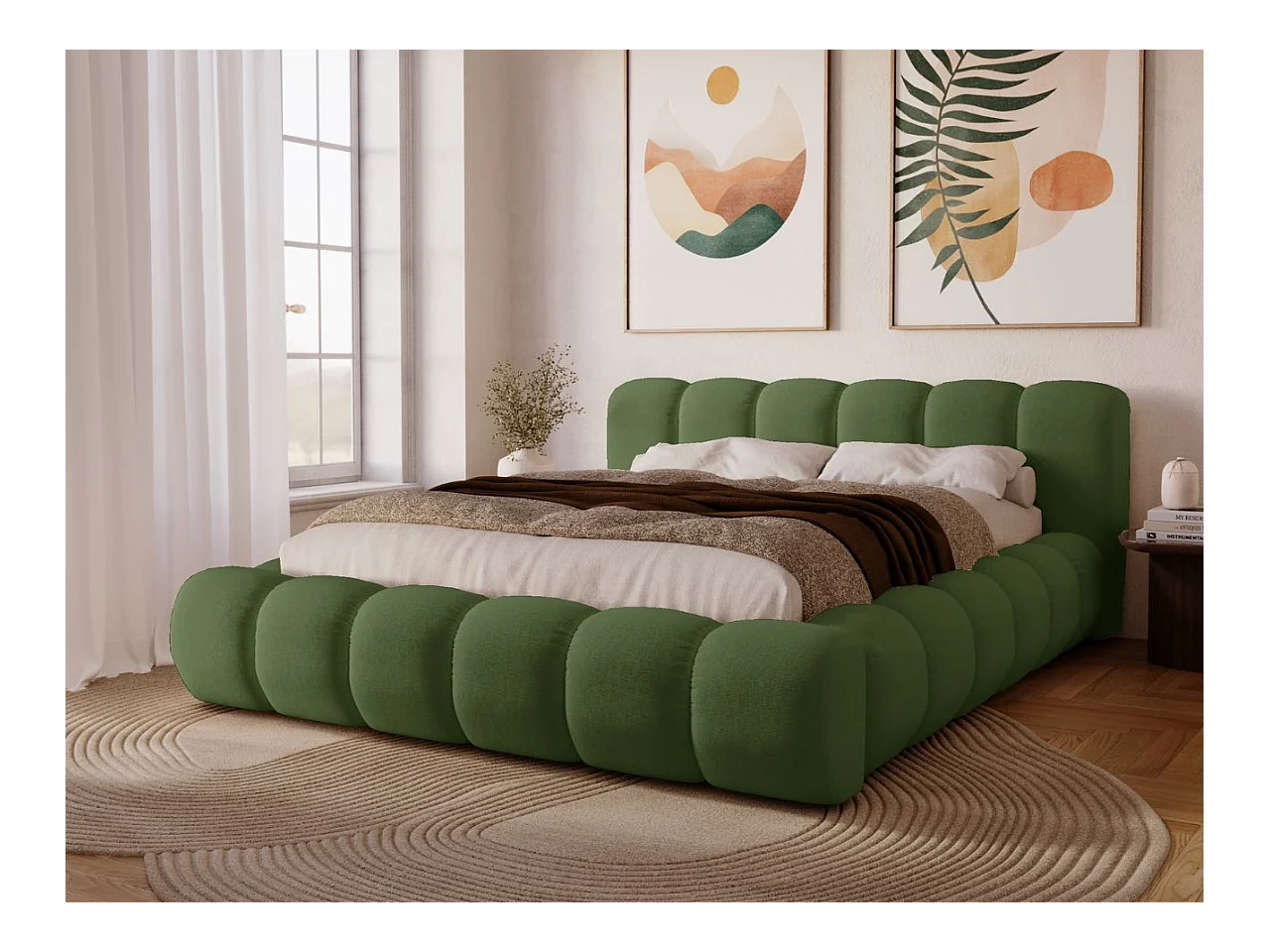 Lit rembourré avec rangement - 120 x 200 - lit double - velours - vert - Doria