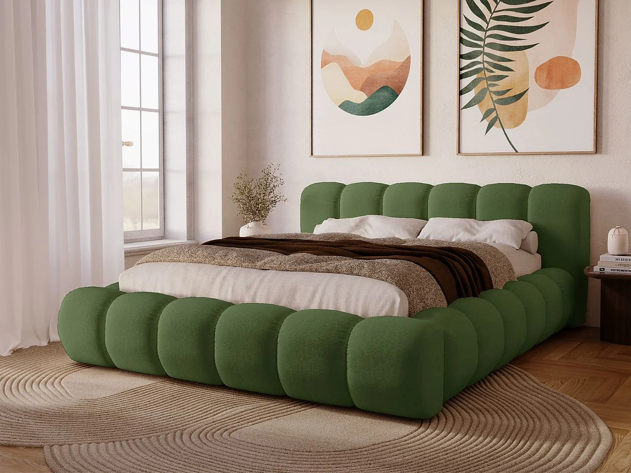 Lit rembourré avec rangement - 160 x 200 - lit double - velours - vert - Doria