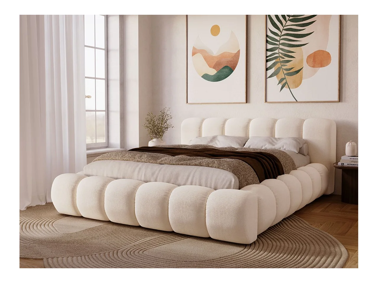 Lit rembourré avec rangement - 120 x 200 - lit double - velours - crème - Doria