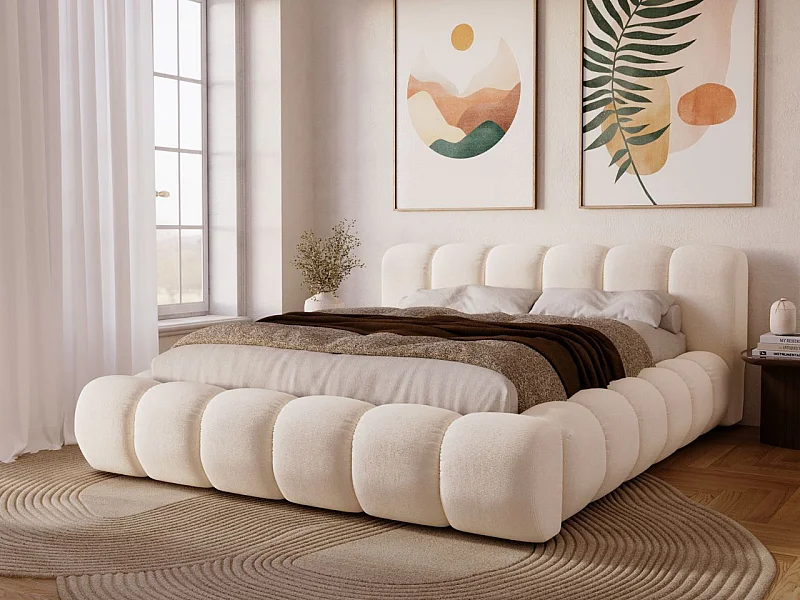 Lit rembourré avec rangement - 120 x 200 - lit double - velours - crème - Doria