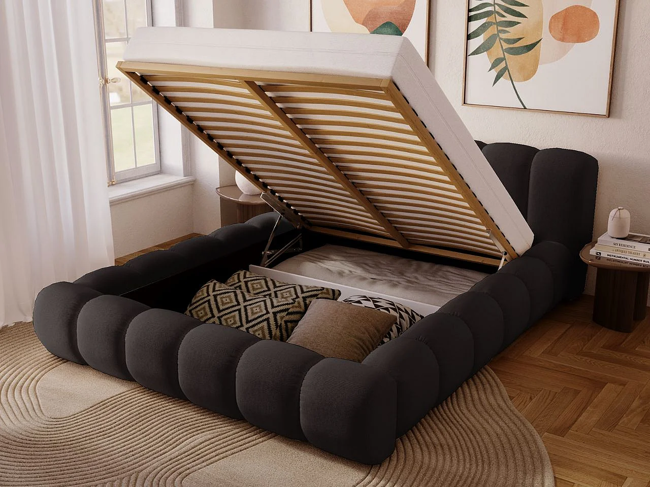 Gestoffeerd bed Doria 120x200 zwart - opbergruimte voor beddengoed, houten lattenbodem, doorgestikt hoofdbord en bedframe