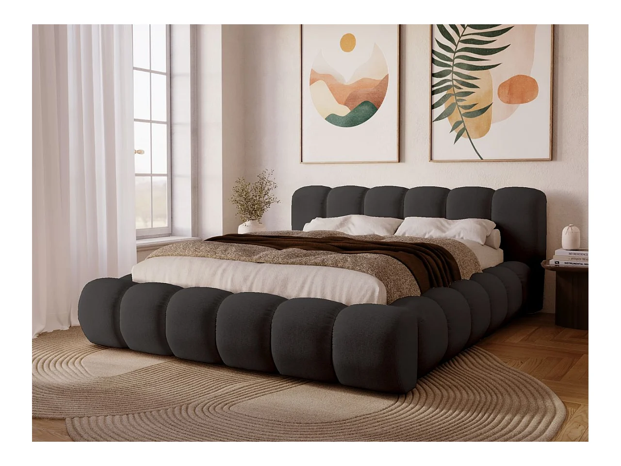 Lit rembourré avec rangement - 120 x 200 - lit double - velours - noir - Doria