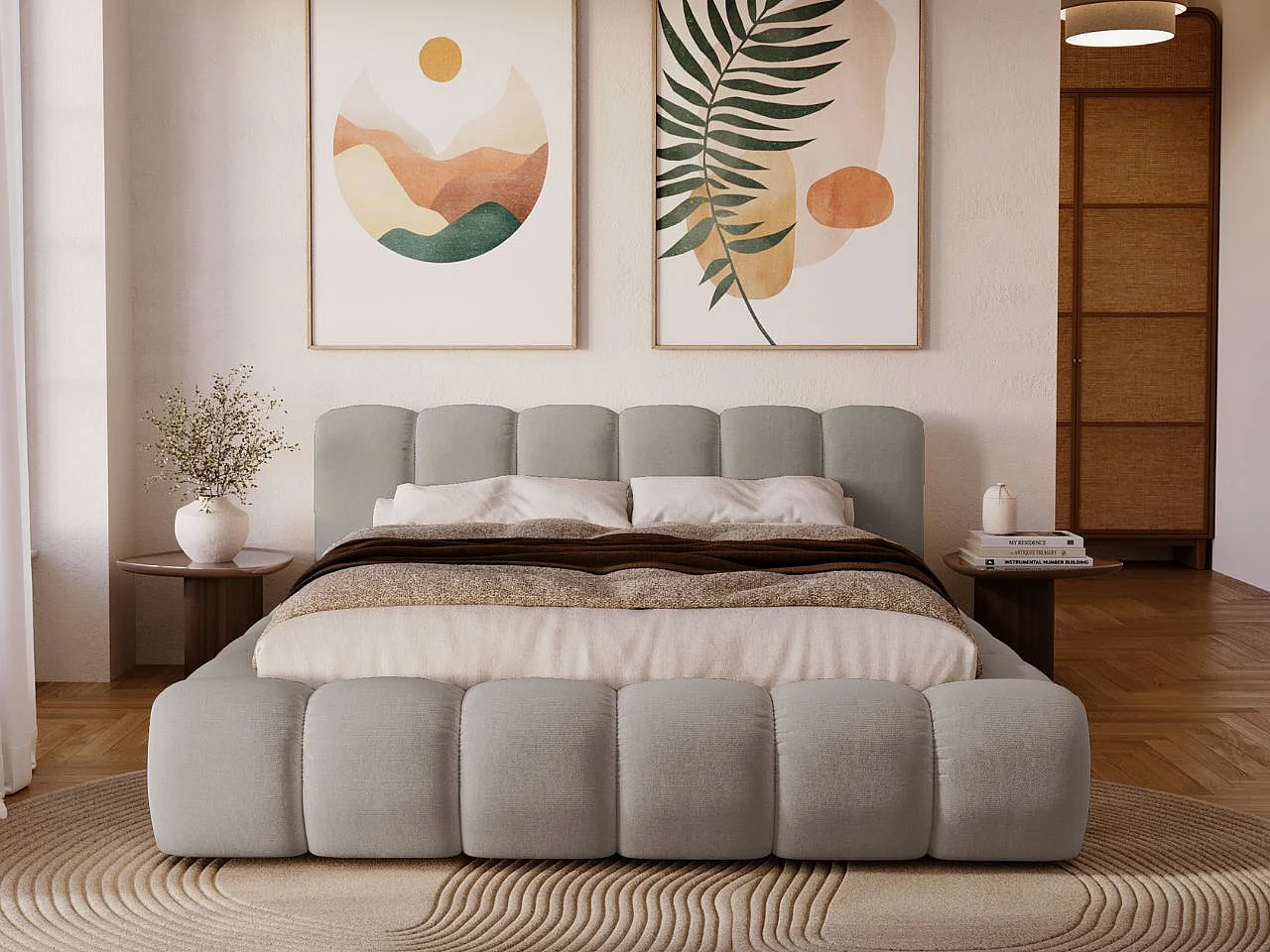 Gestoffeerd bed Doria 120x200 lichtgrijs - opbergruimte voor beddengoed, houten lattenbodem, doorgestikt hoofdbord en bedframe