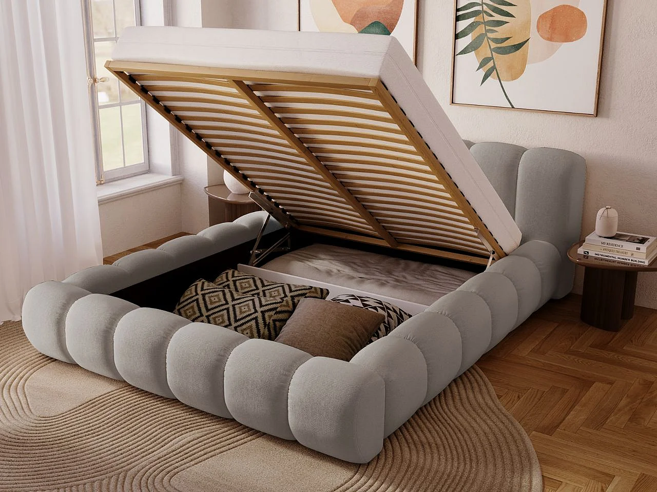 Lit rembourré avec rangement - 120 x 200 - lit double - velours - gris clair - Doria