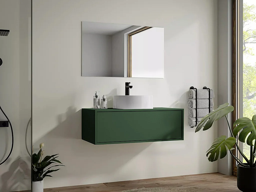 Meuble de salle de bain suspendu vert mat avec simple vasque ronde - 94 cm - TEANA II