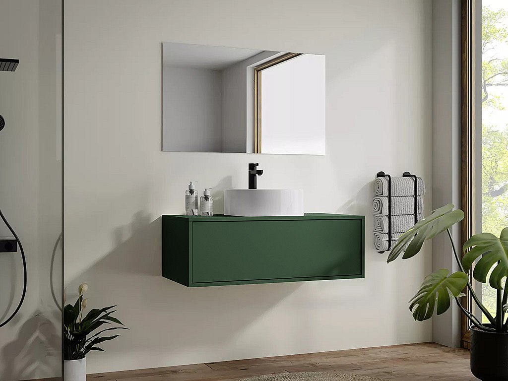 Waschbeckenunterschrank hängend mit rundem Einzelwaschbecken - Grün matt - günstig online kaufen