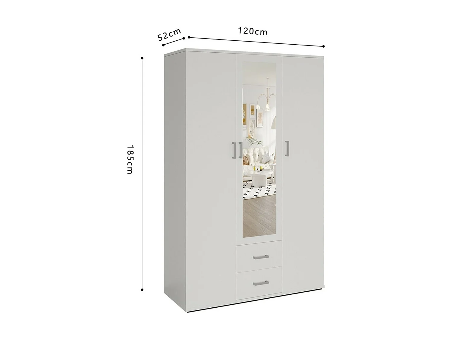 Armoire 3 portes avec miroir TOM – Dimensions H185 x L120 x P52 cm – Coloris blanc – Style design