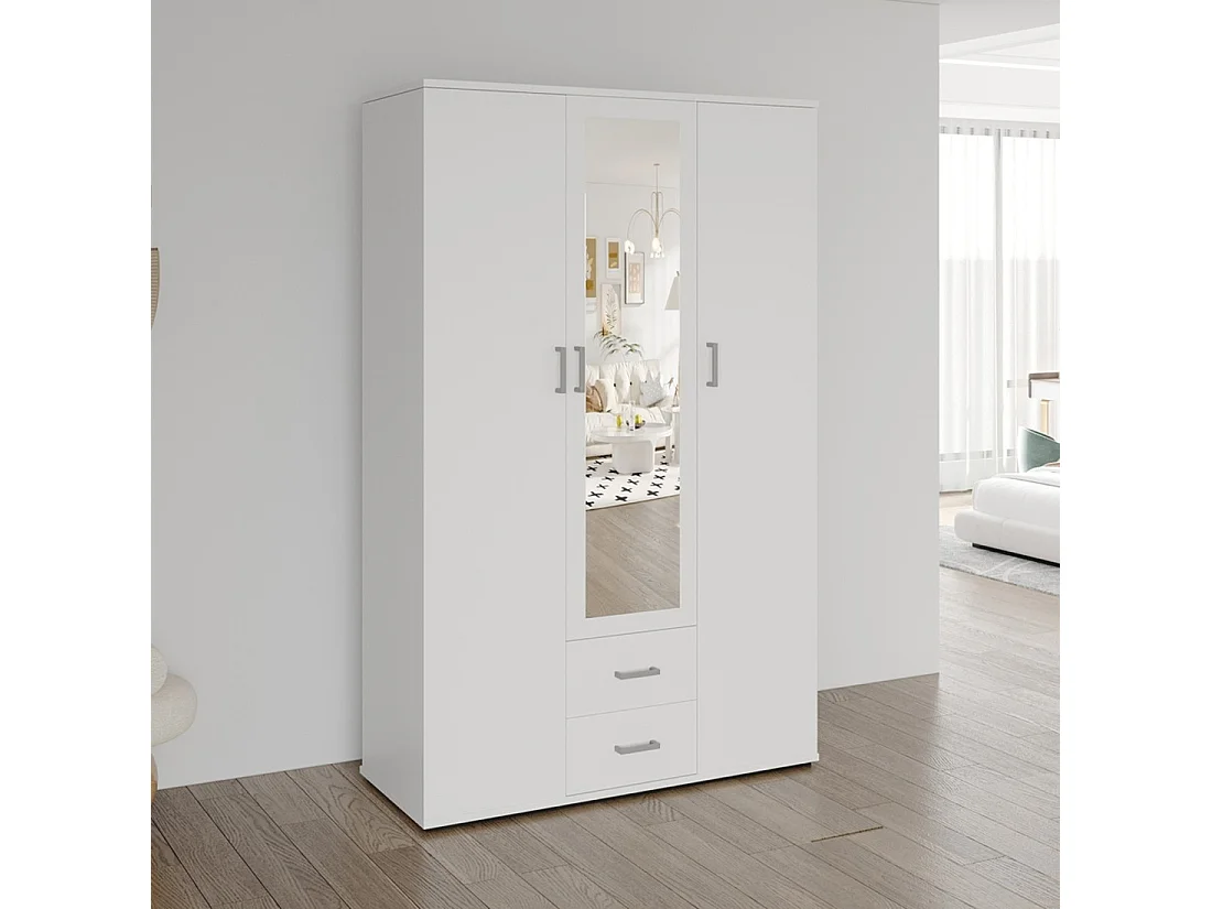 Armoire 3 portes avec miroir TOM – Dimensions H185 x L120 x P52 cm – Coloris blanc – Style design