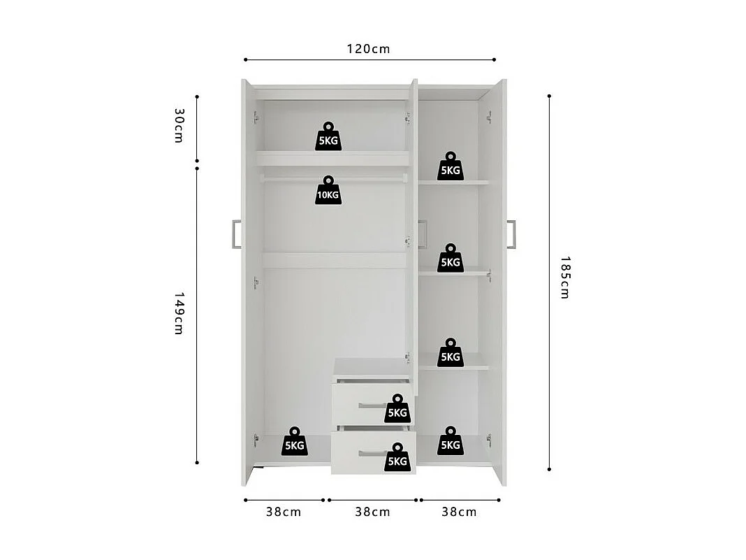 Armoire 3 portes avec miroir TOM – Dimensions H185 x L120 x P52 cm – Coloris blanc – Style design