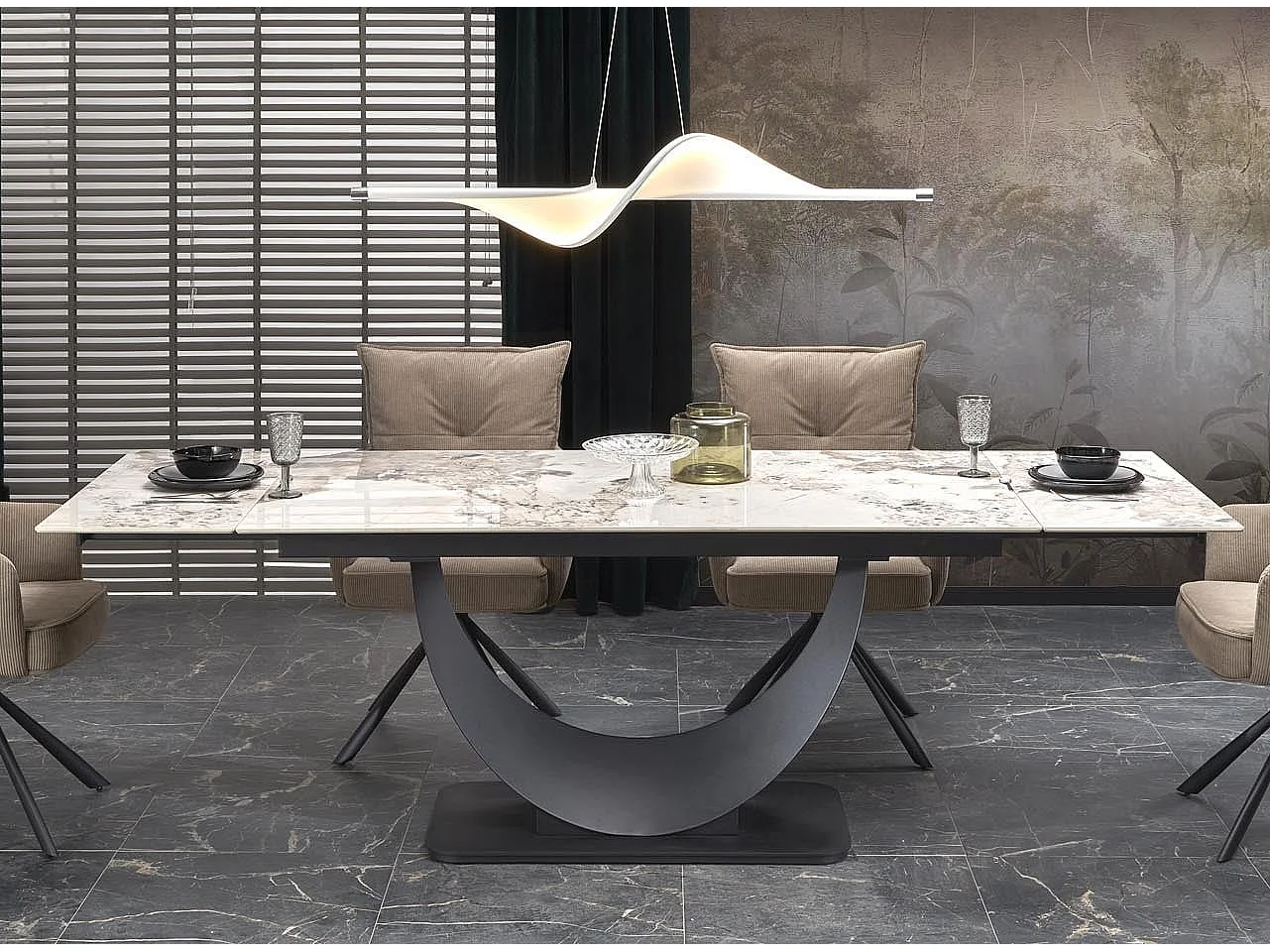 Table en résine frittée aspect marbre extensible 160-240 cm avec pied acier noir design Lisa