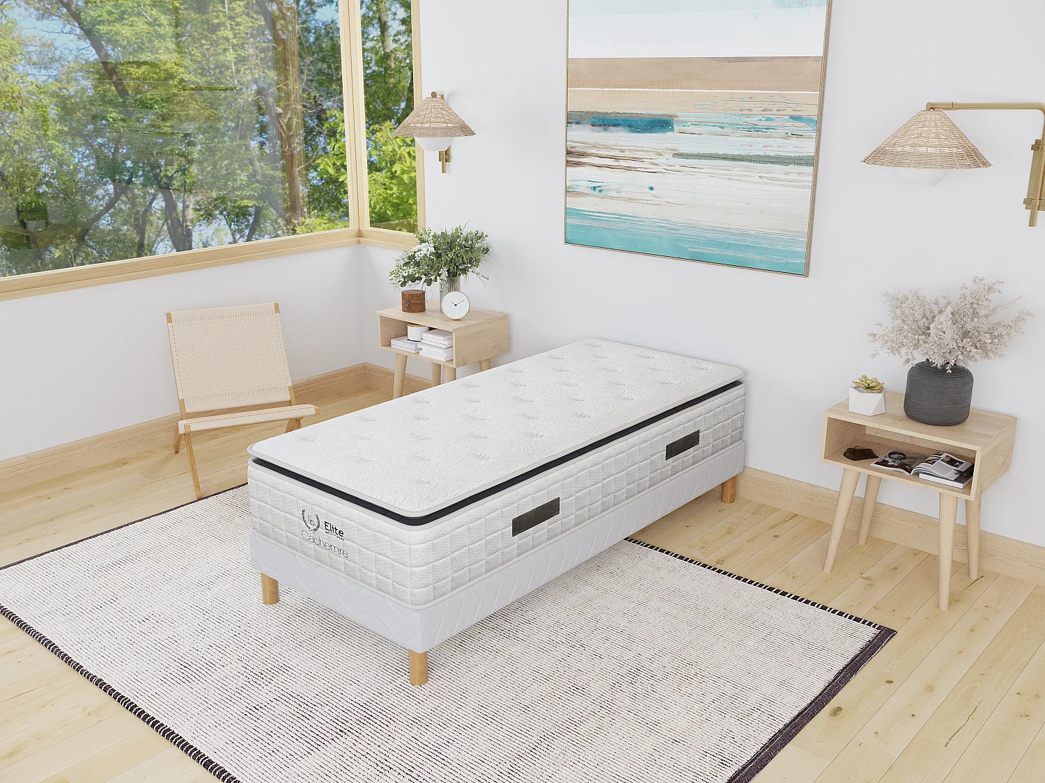 Ensemble Sommier + Matelas Cachemire 90x190 cm Ressorts Ensachés Hauteur 28 cm