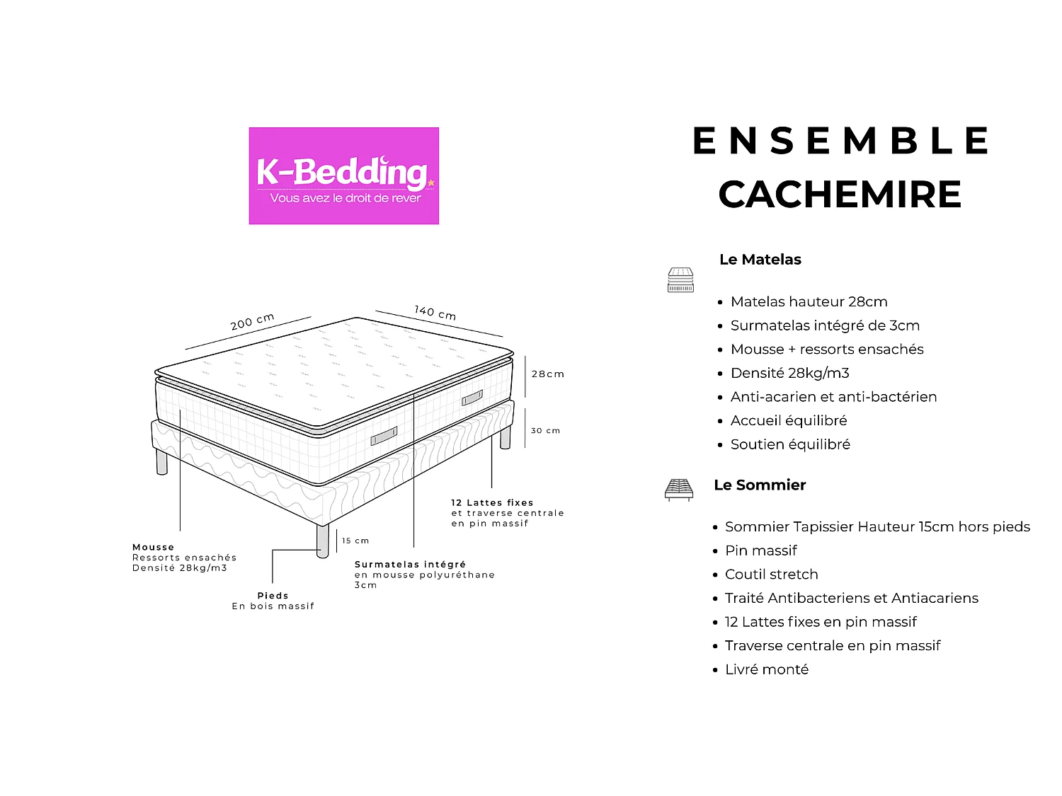 Ensemble Cachemire 140x200 cm Hauteur 28 cm Ressorts ensachés Mousse Polyuréthane avec Sommier Tapissier Soutien équilibré