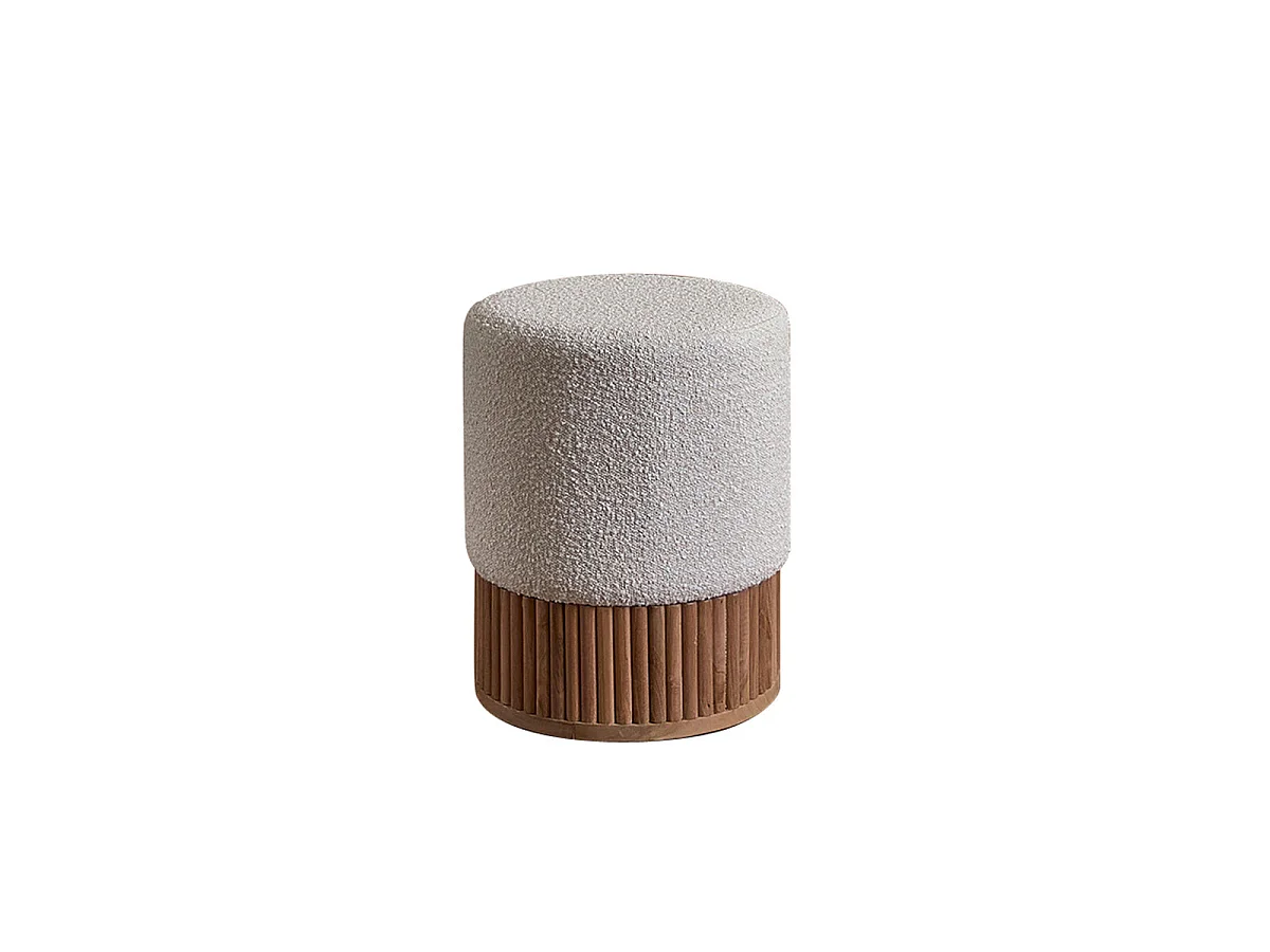 Pouf in teak massello e tessuto bouclé 38 cm