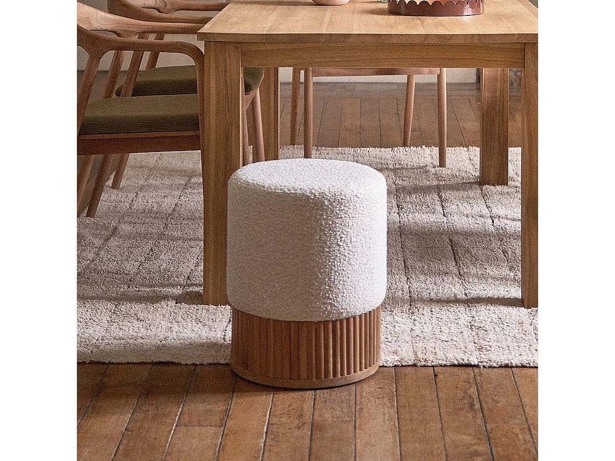 Pouf in teak massello e tessuto bouclé 38 cm