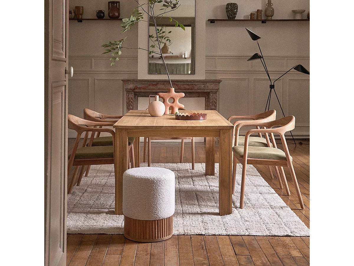 Pouf in teak massello e tessuto bouclé 38 cm