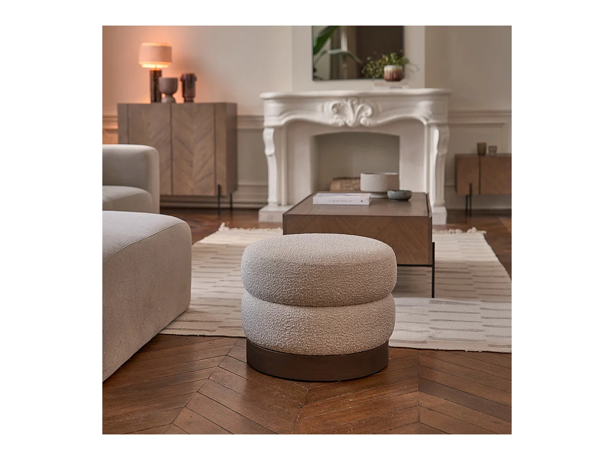 Pouf rotondo in mindi massello e tessuto bouclé 55 cm