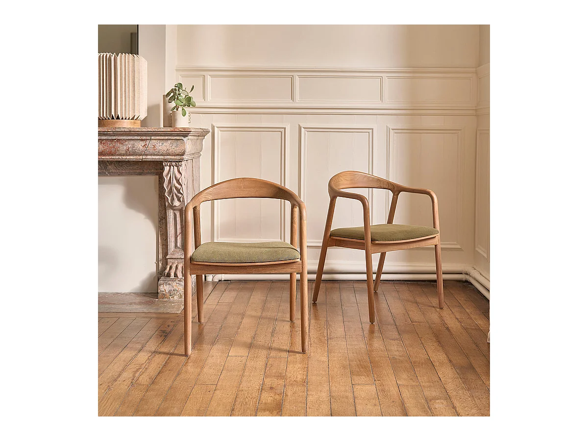 Lot de 2 chaises en teck massif assise velours côtelé kaki