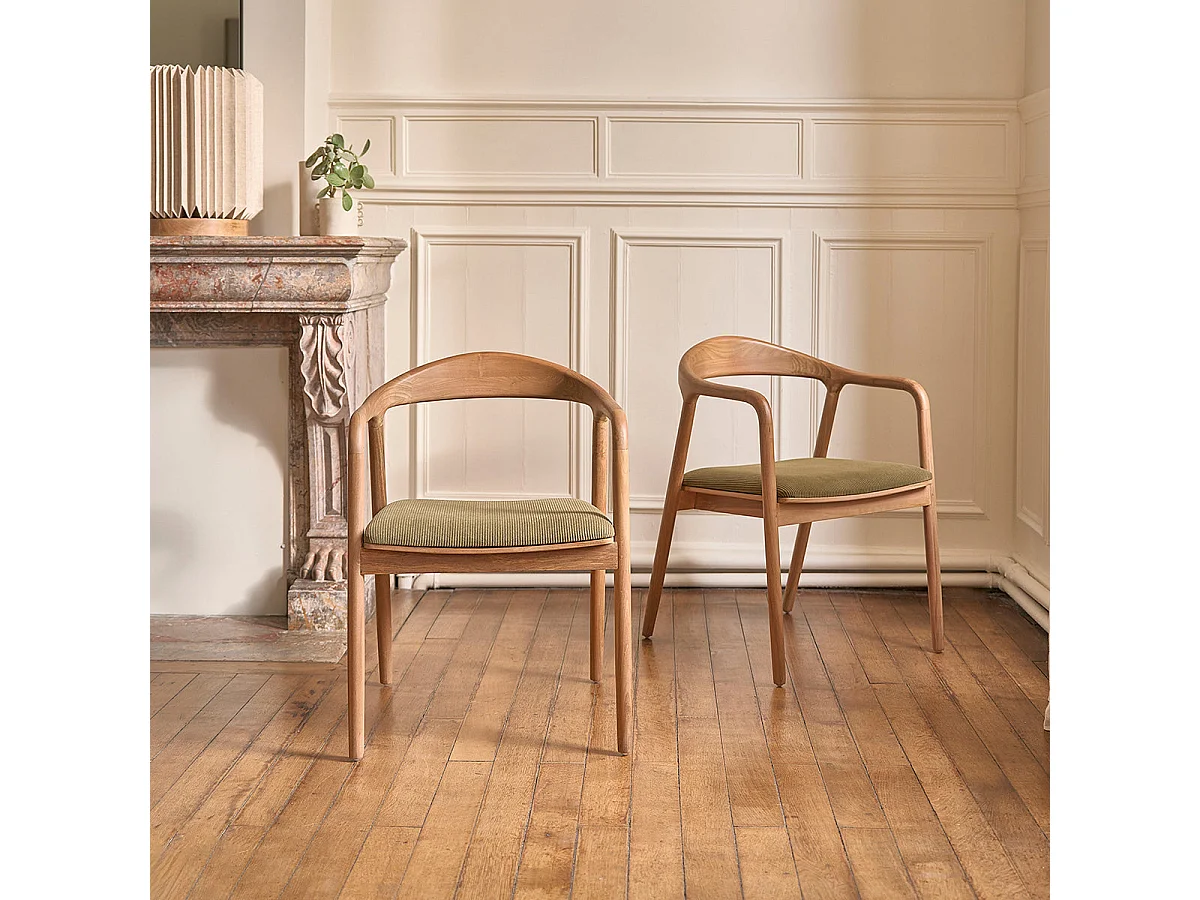 Lot de 2 chaises en teck massif assise velours côtelé kaki