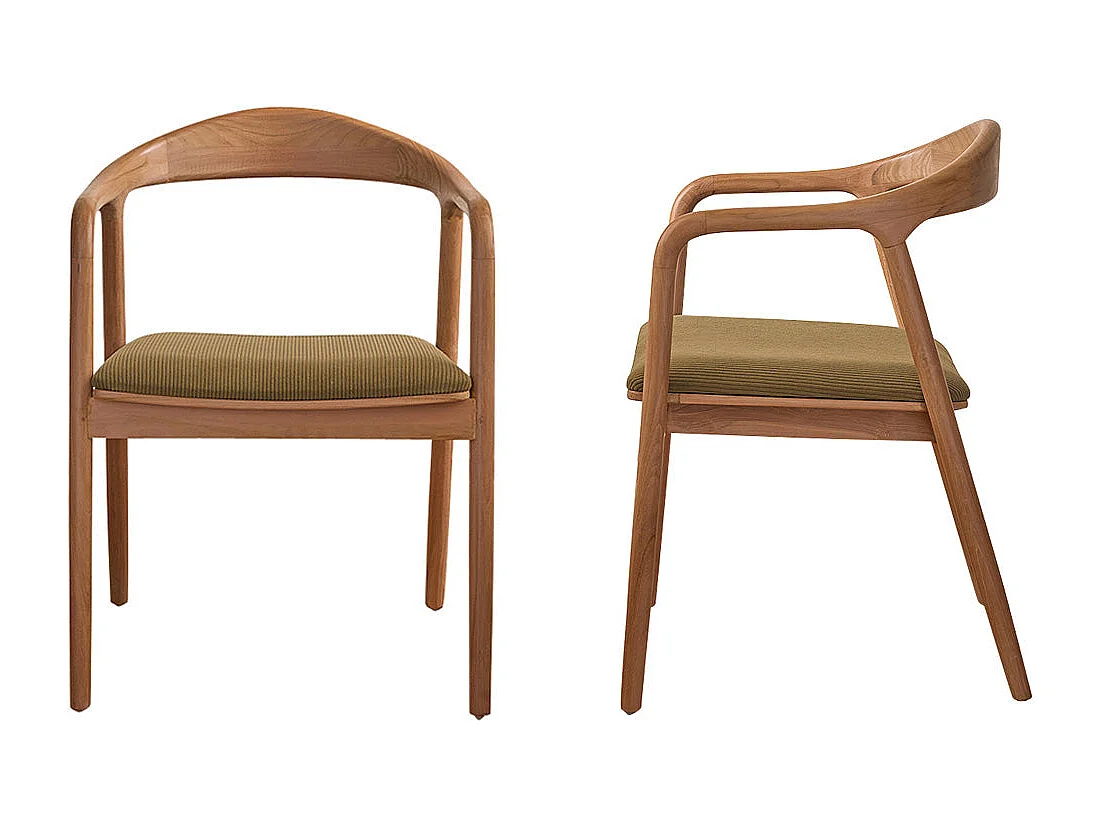 Lot de 2 chaises en teck massif assise velours côtelé kaki