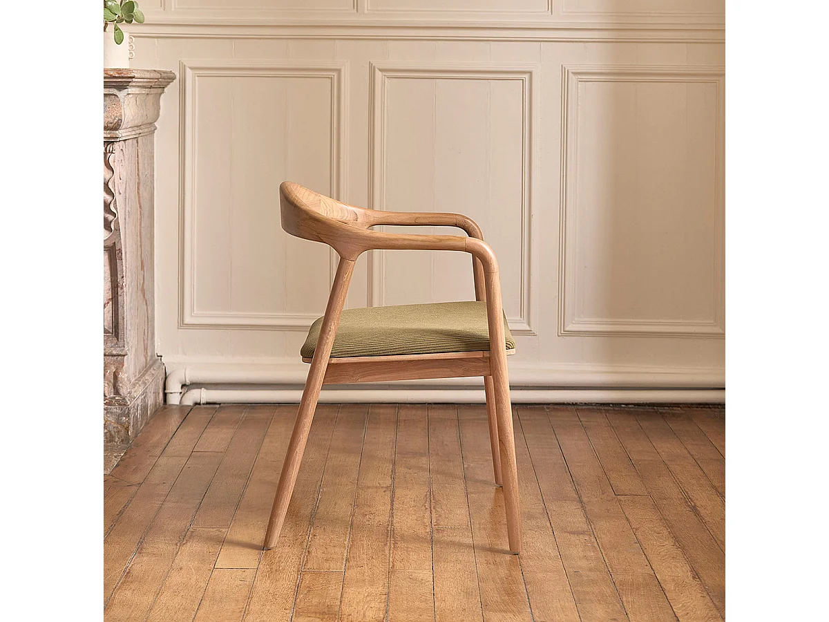 Lot de 2 chaises en teck massif assise velours côtelé kaki