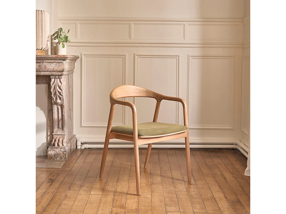 Sedia in teak massello con seduta in velluto a coste color kaki