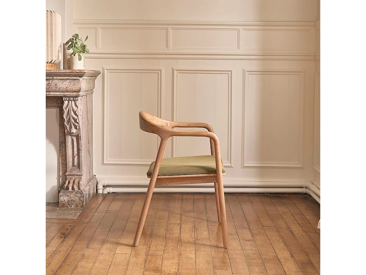 Sedia in teak massello con seduta in velluto a coste color kaki