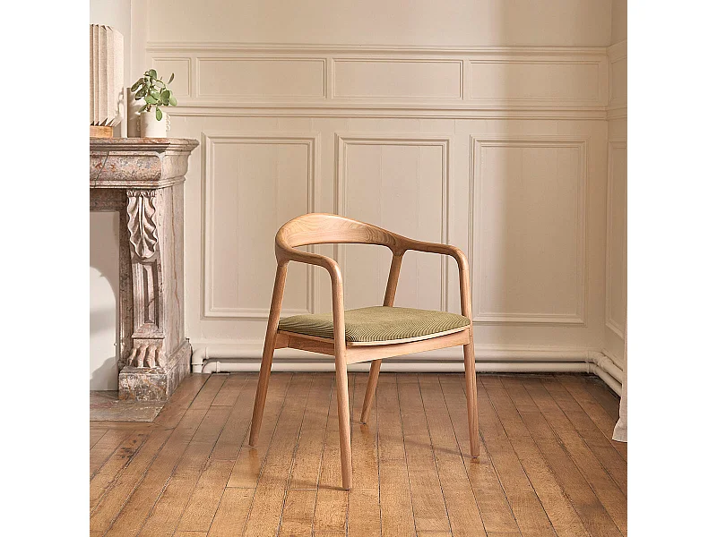 Sedia in teak massello con seduta in velluto a coste color kaki