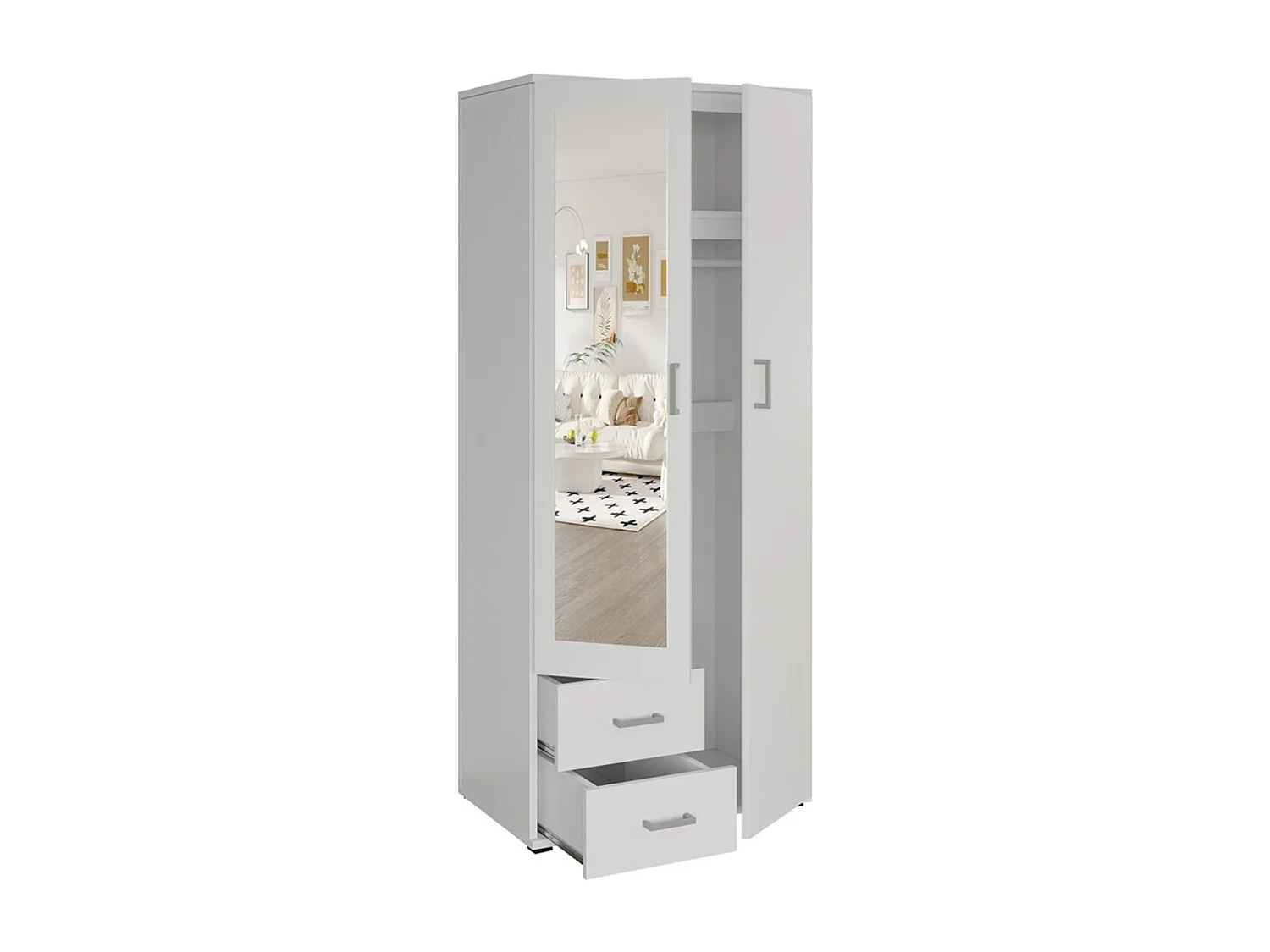 Armario de 2 puertas con espejo TOM – Dimensiones H185 x L80 x P52 cm – Color blanco – Estilo diseño