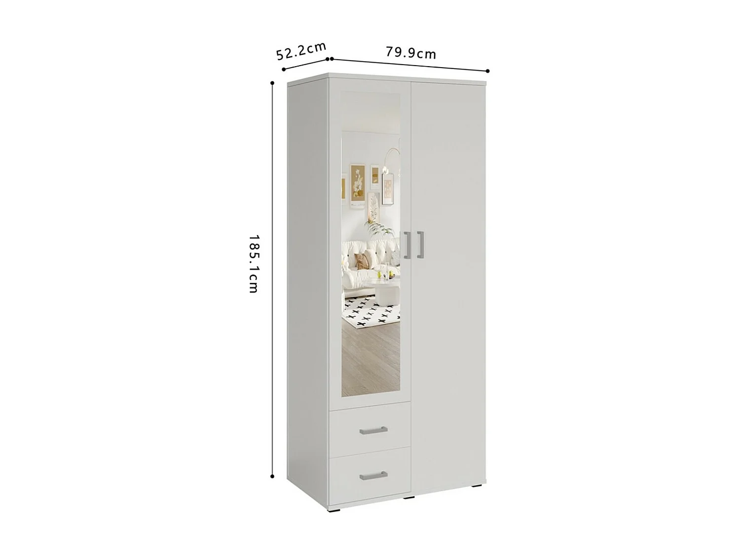 Armoire 2 portes avec miroir TOM – Dimensions H185 x L80 x P52 cm – Coloris blanc – Style design