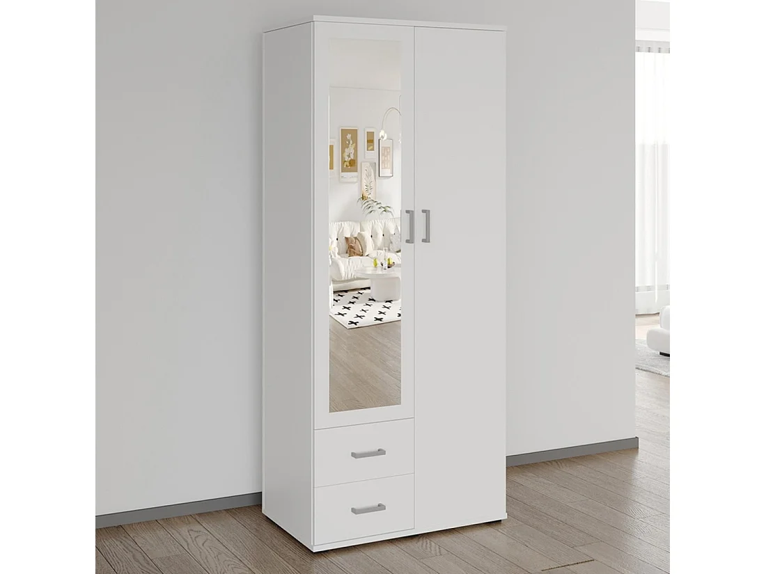 Armoire 2 portes avec miroir TOM – Dimensions H185 x L80 x P52 cm – Coloris blanc – Style design