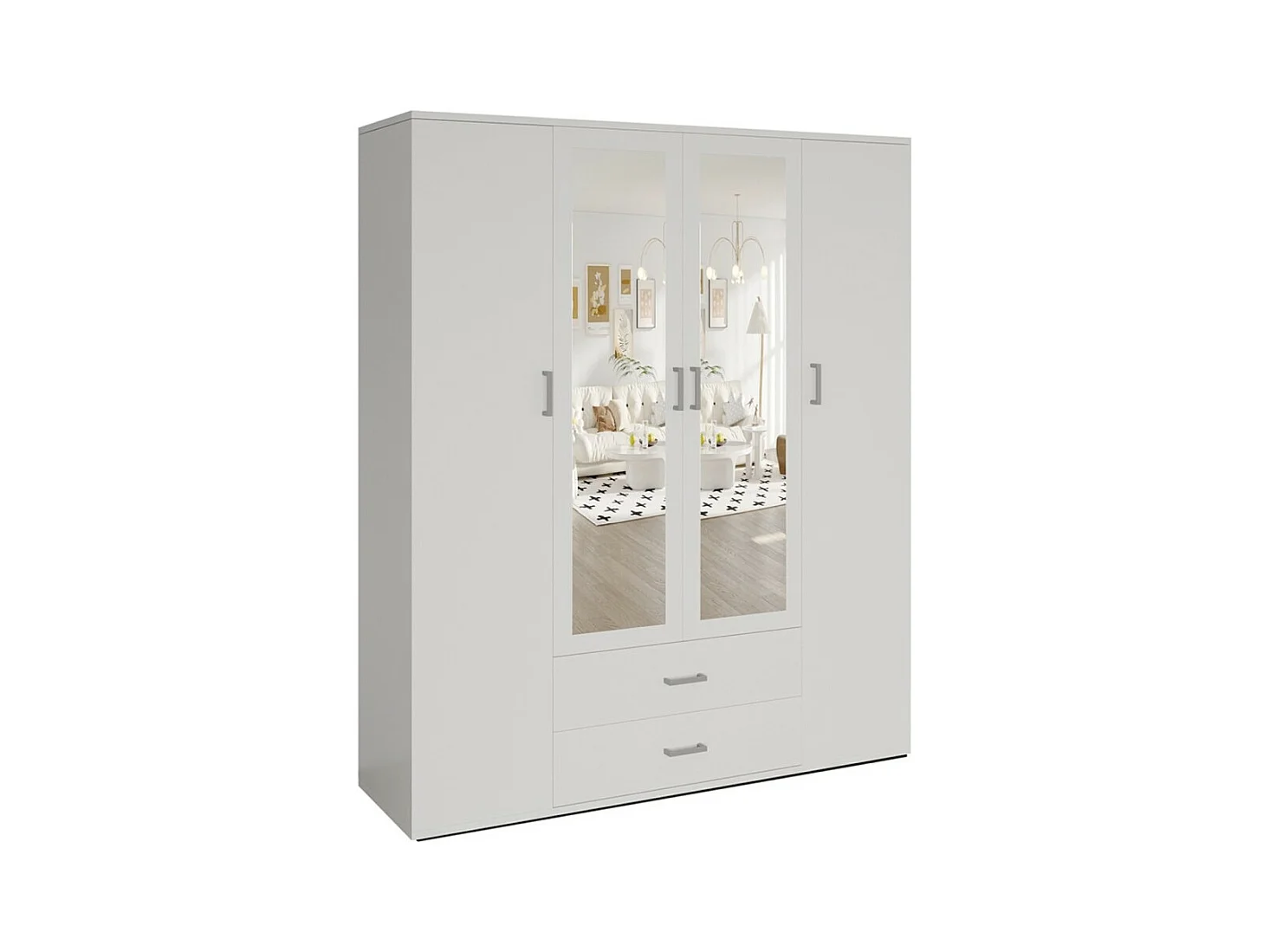 Kledingkast met 4 deuren en 2 spiegels TOM - Afmetingen H185 x B160 x D52 cm - Kleur wit - Design stijl