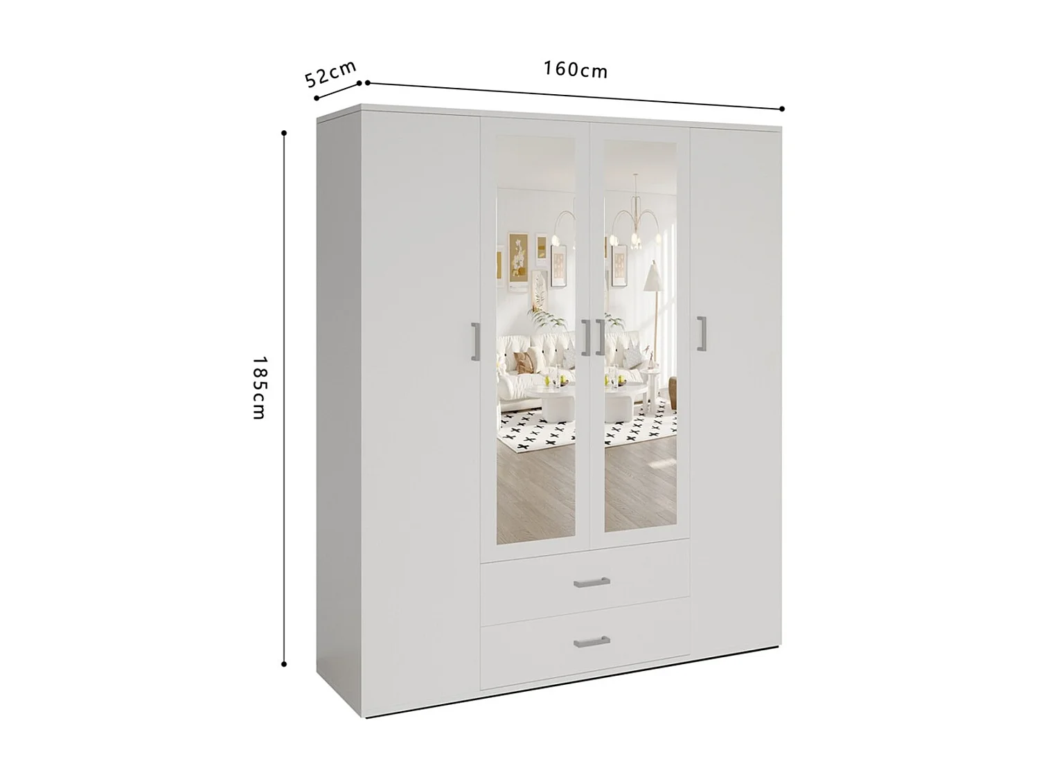 Armoire 4 portes avec 2 miroirs TOM – Dimensions H185 x L160 x P52 cm – Coloris blanc – Style design