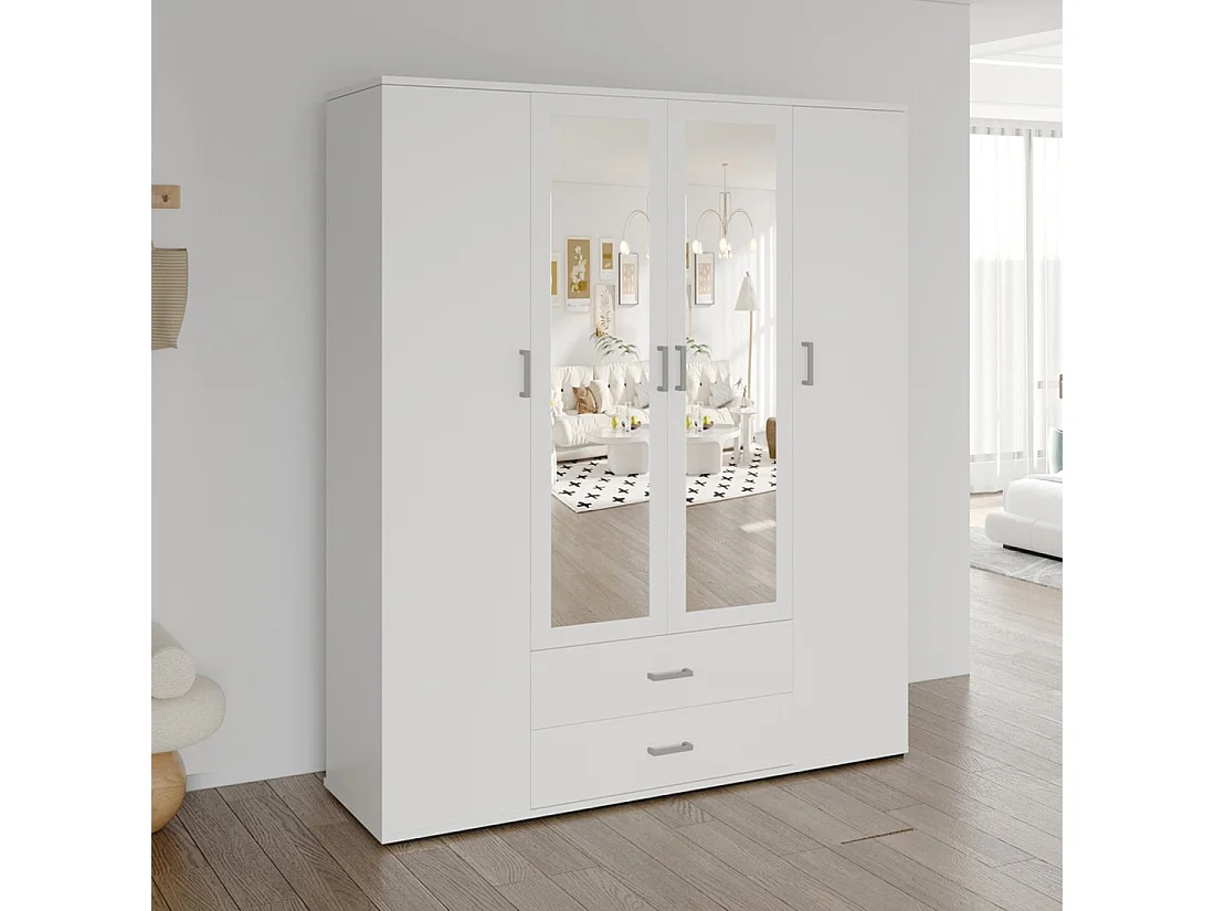 Armoire 4 portes avec 2 miroirs TOM – Dimensions H185 x L160 x P52 cm – Coloris blanc – Style design