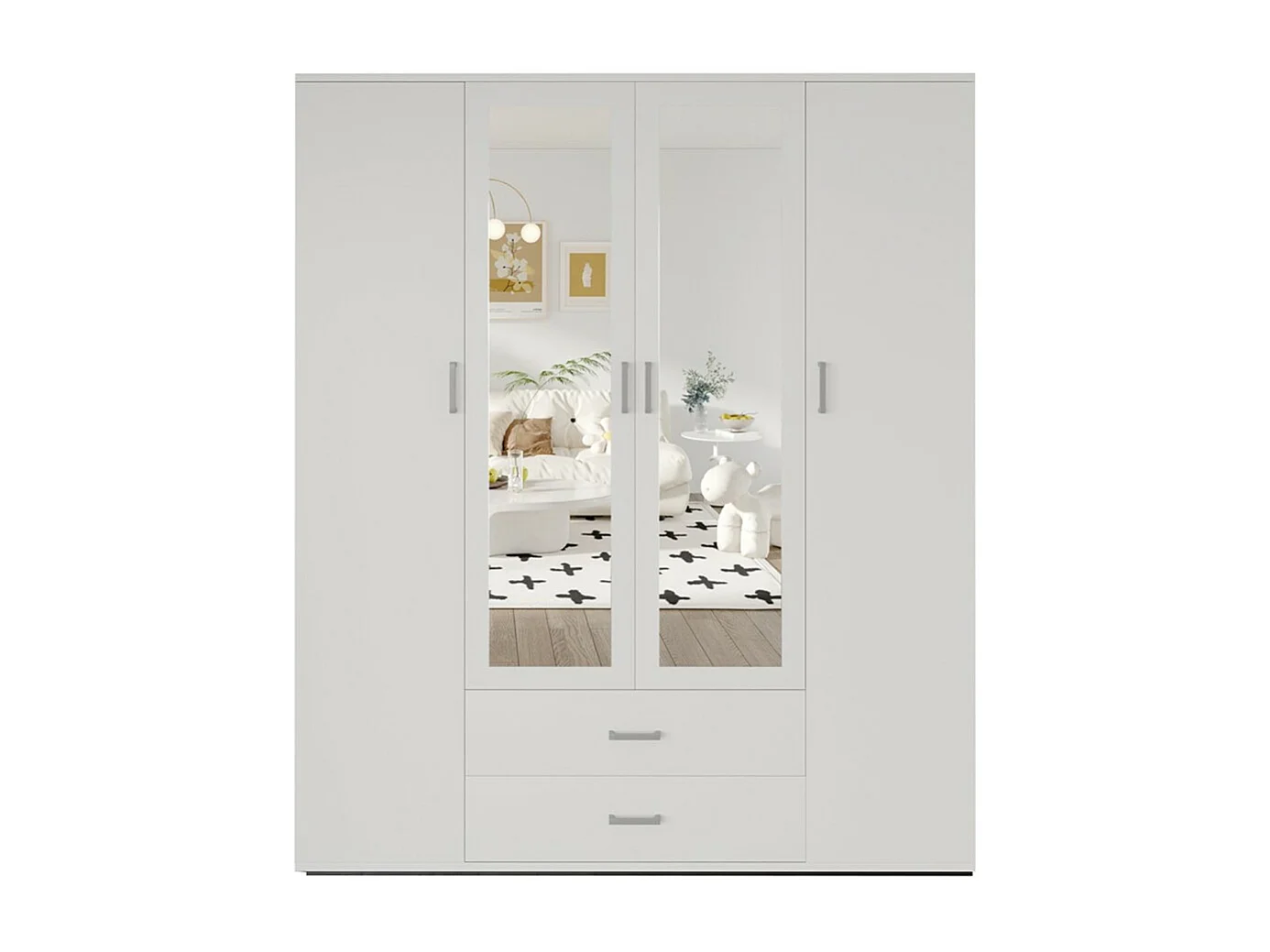 Armoire 4 portes avec 2 miroirs TOM – Dimensions H185 x L160 x P52 cm – Coloris blanc – Style design