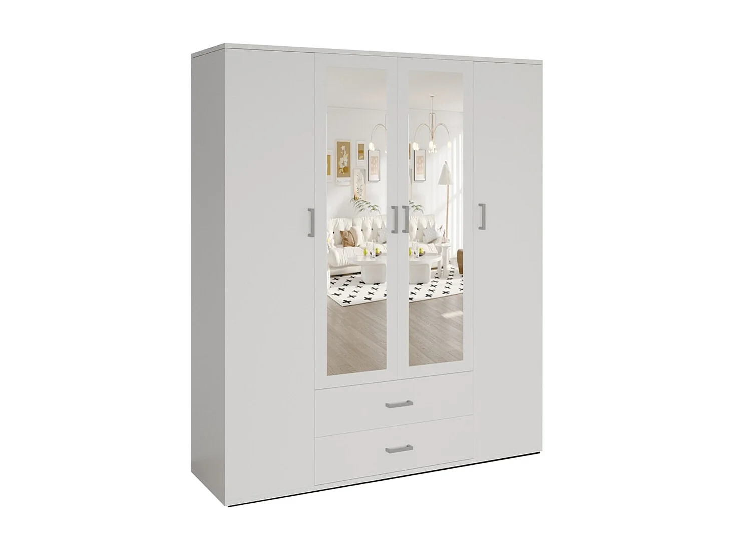 Armoire 4 portes avec 2 miroirs TOM – Dimensions H185 x L160 x P52 cm – Coloris blanc – Style design
