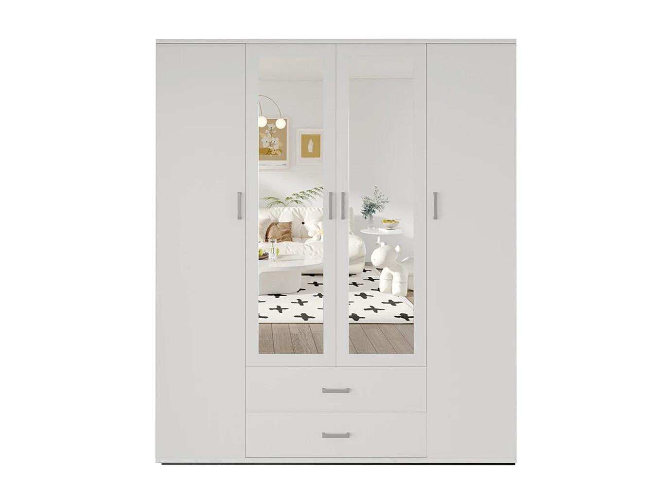 Armoire 4 portes avec 2 miroirs TOM – Dimensions H185 x L160 x P52 cm – Coloris blanc – Style design
