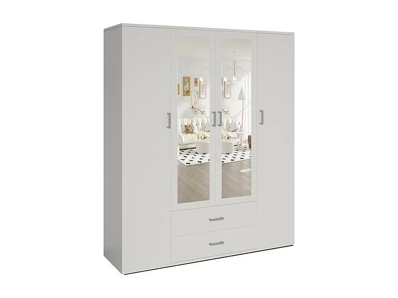 Armoire 4 portes avec 2 miroirs TOM – Dimensions H185 x L160 x P52 cm – Coloris blanc – Style design
