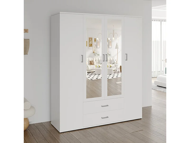 Armoire 4 portes avec 2 miroirs TOM – Dimensions H185 x L160 x P52 cm – Coloris blanc – Style design