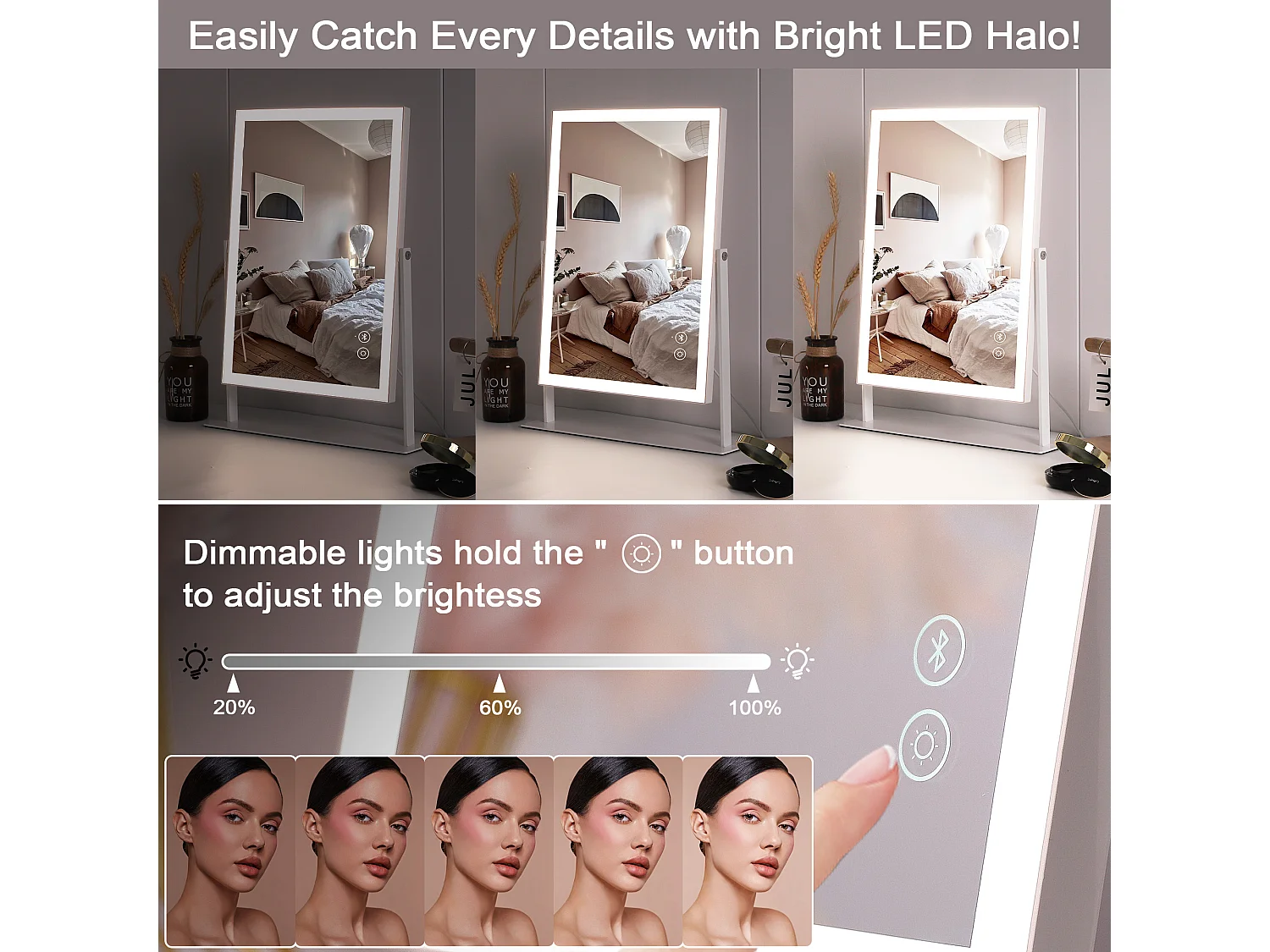 Miroir de maquillage hollywood coiffeuse avec lumière 30x41cm - Bande de LED - Bluetooth