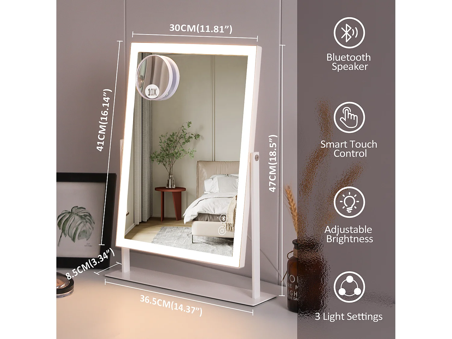 Miroir de maquillage hollywood coiffeuse avec lumière 30x41cm - Bande de LED - Bluetooth