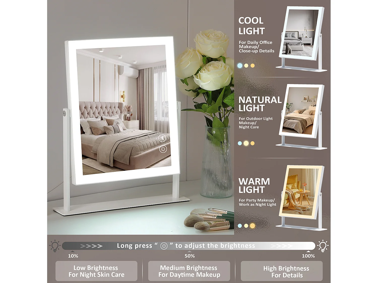 Miroir de maquillage hollywood coiffeuse avec lumière 25x30cm - Bande de LED - Bluetooth