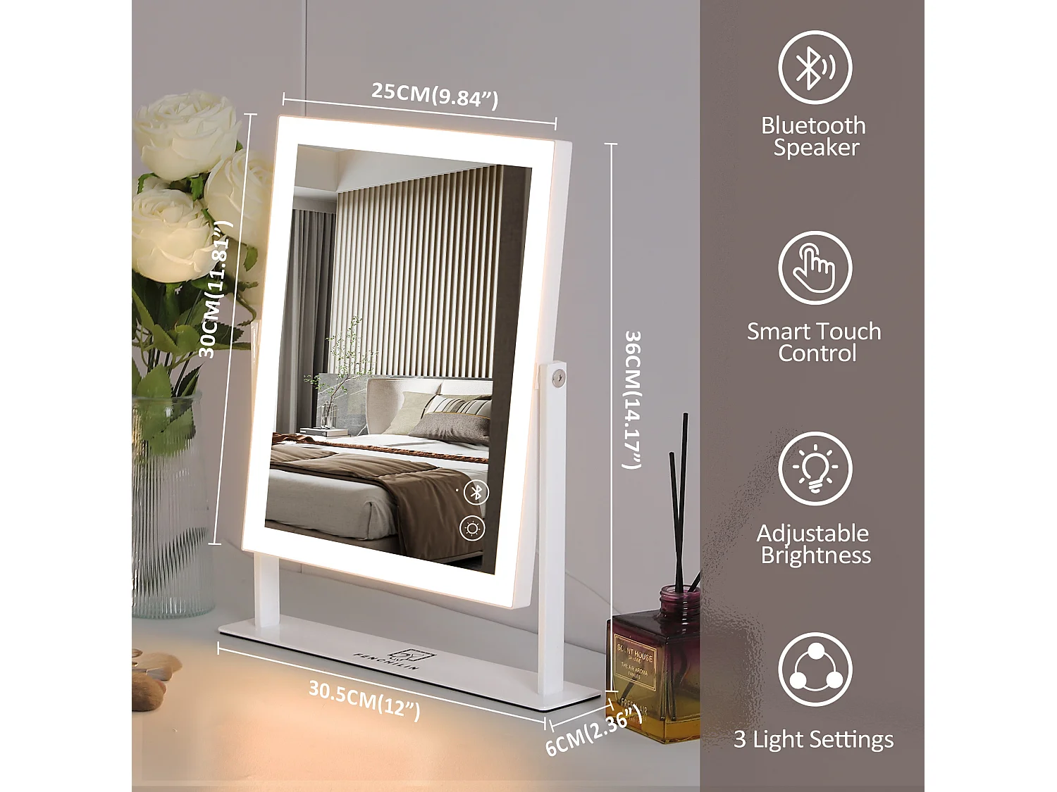 Miroir de maquillage hollywood coiffeuse avec lumière 25x30cm - Bande de LED - Bluetooth