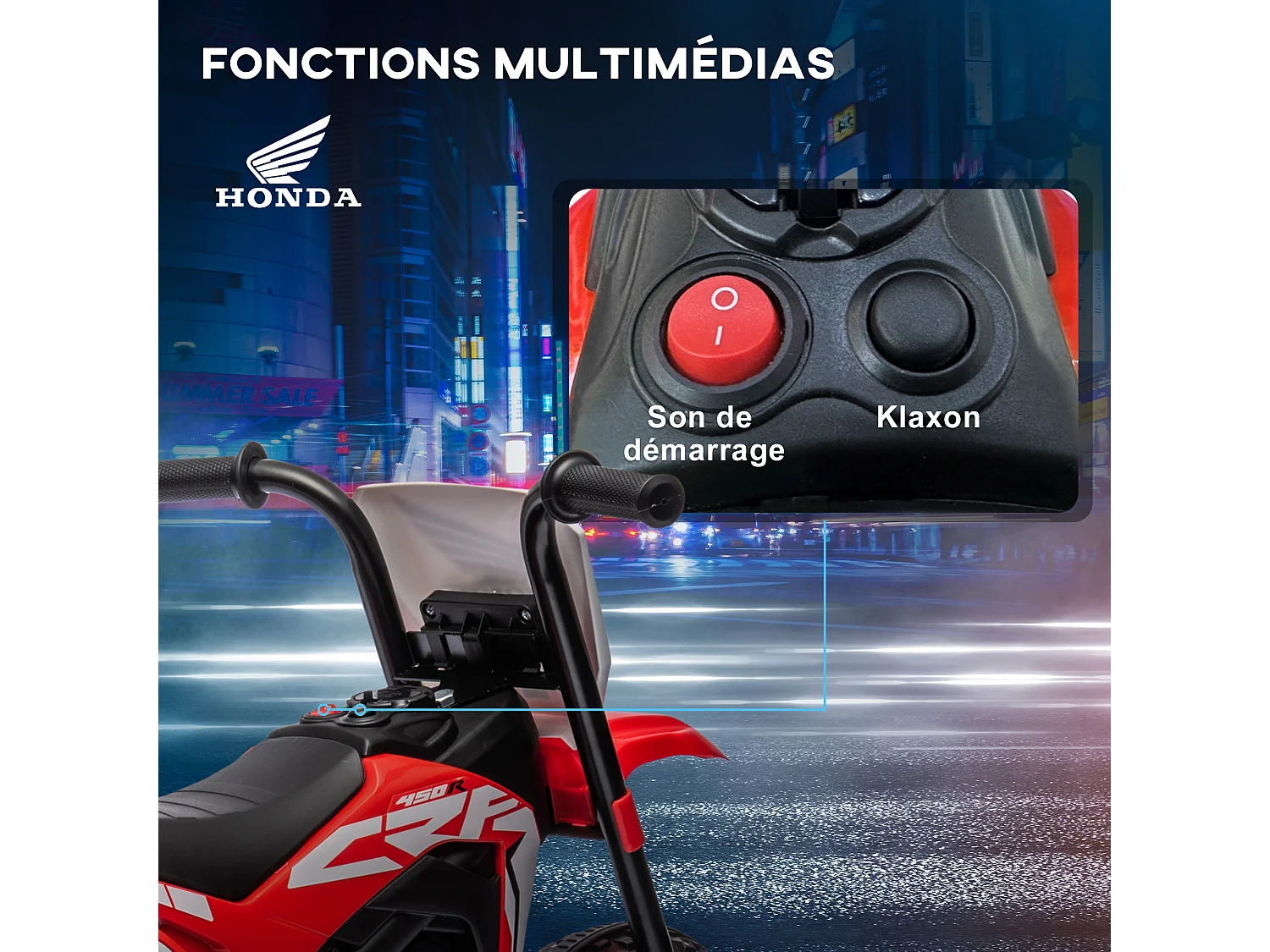 Moto Cross électrique enfant 3 roues licence officielle Honda CRF 450 R V. max. 3 Km/h fonctions sonores rouge