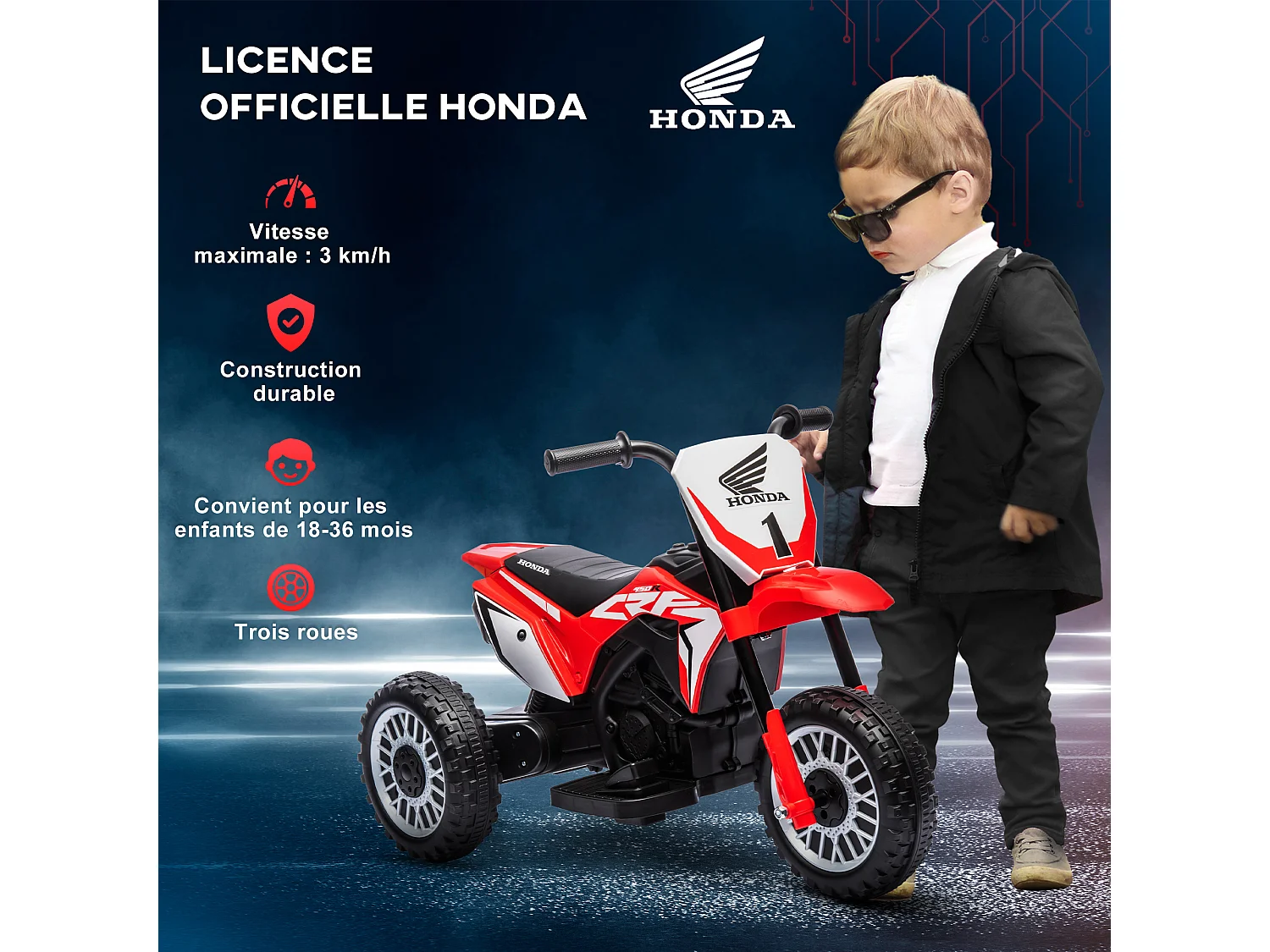 Moto Cross électrique enfant 3 roues licence officielle Honda CRF 450 R V. max. 3 Km/h fonctions sonores rouge